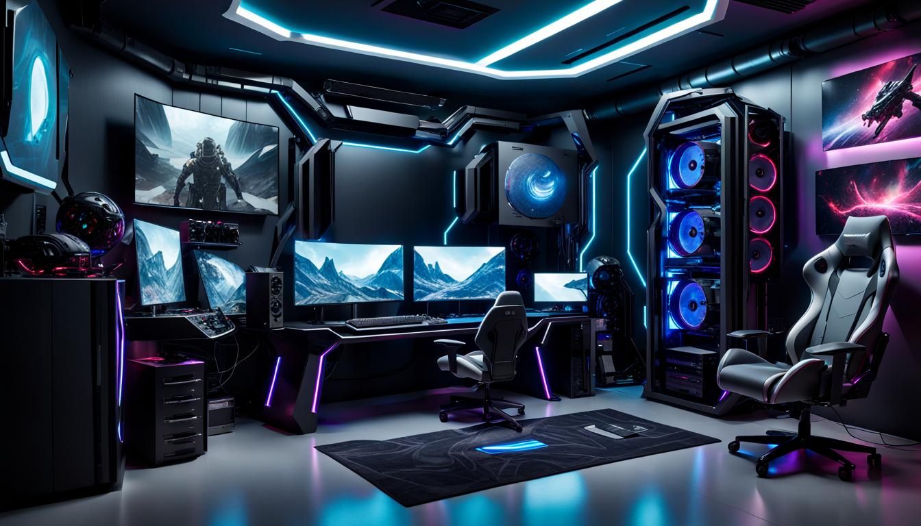 Futuristic Gaming PC Setup in Gamer Room