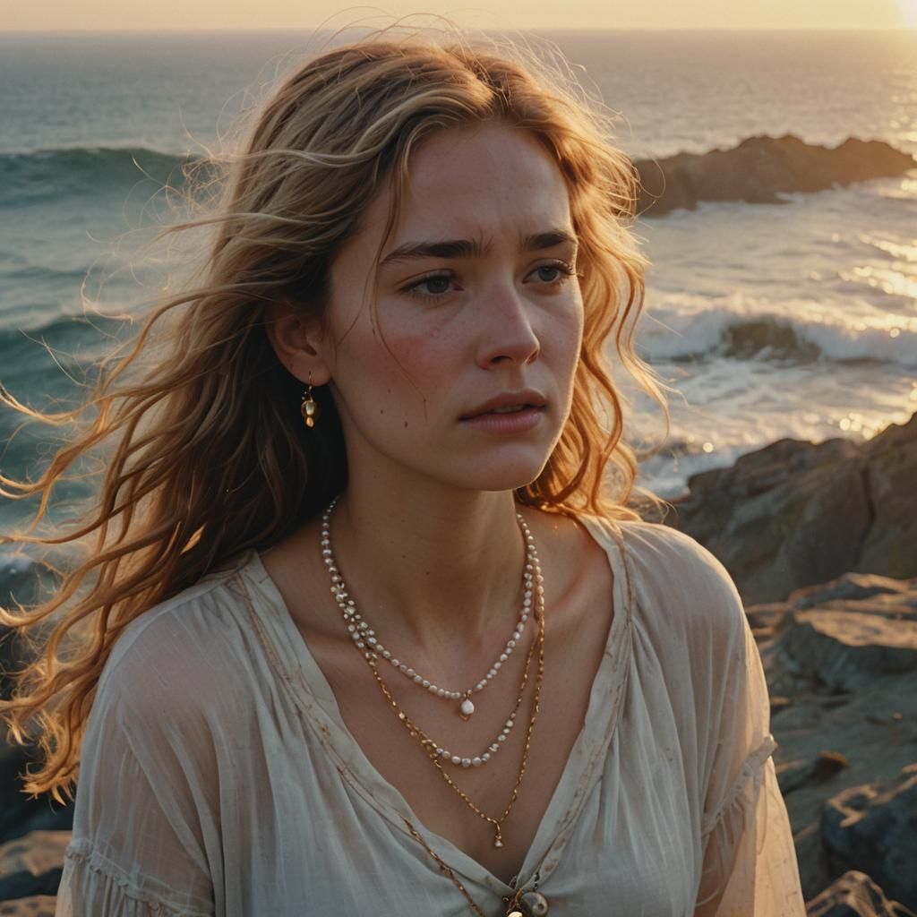 Girl Crying at Sunrise Holding Family Necklace