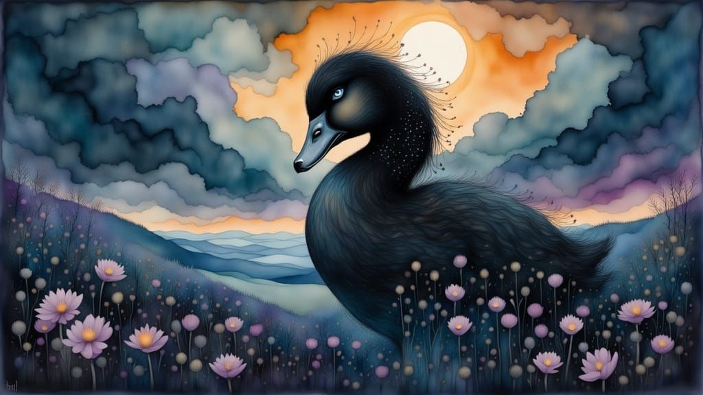 Sad Black Duck in Moody Fantasyscape