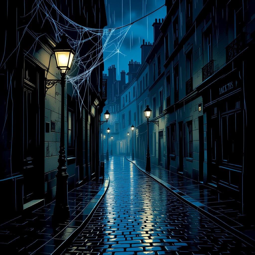 Gothic Paris Street at Night in Chiaroscuro Style