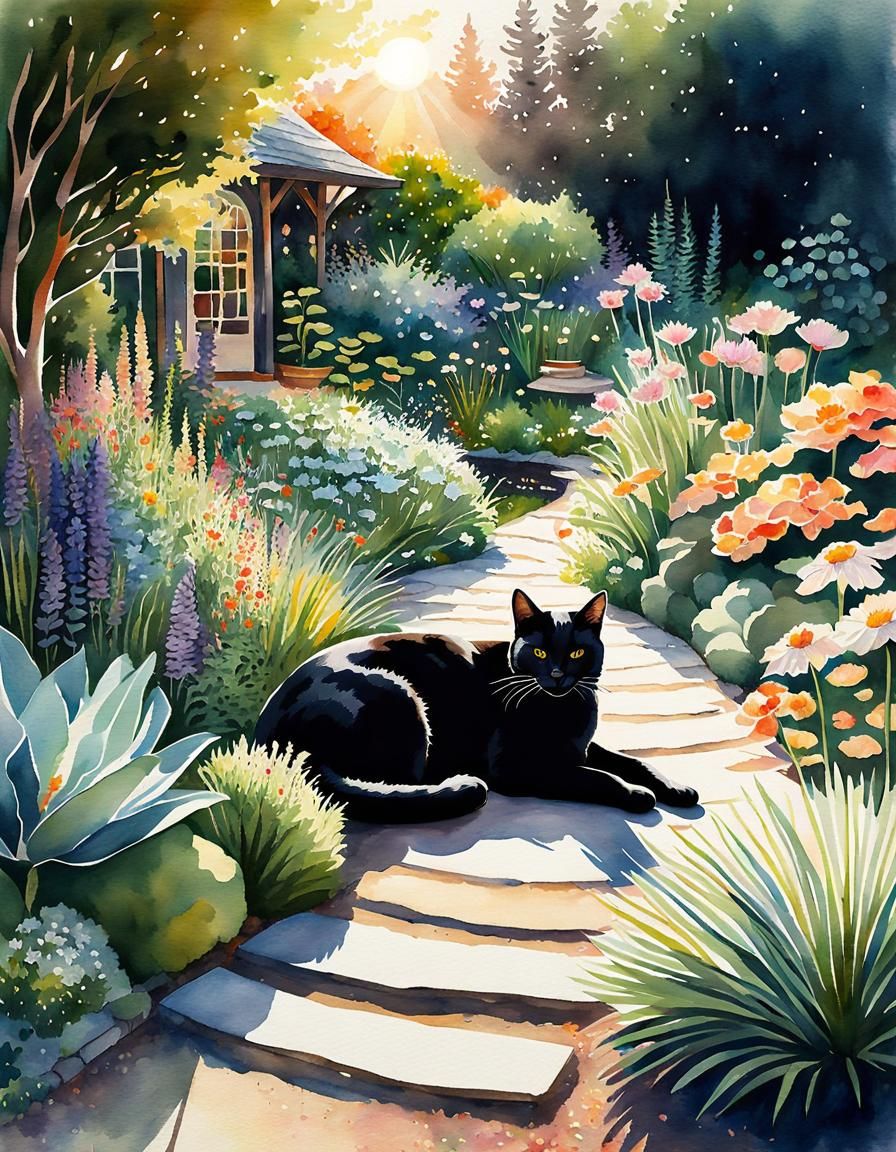 Black Cat Sleeping in Sunny Cottage Garden Watercolor