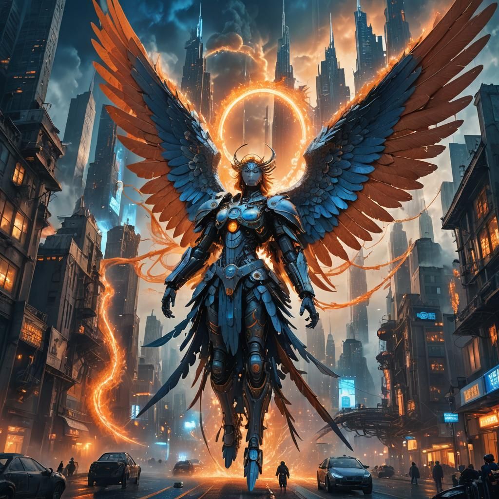 Mechanical Angel Over Future City, Fantasy Concept Art