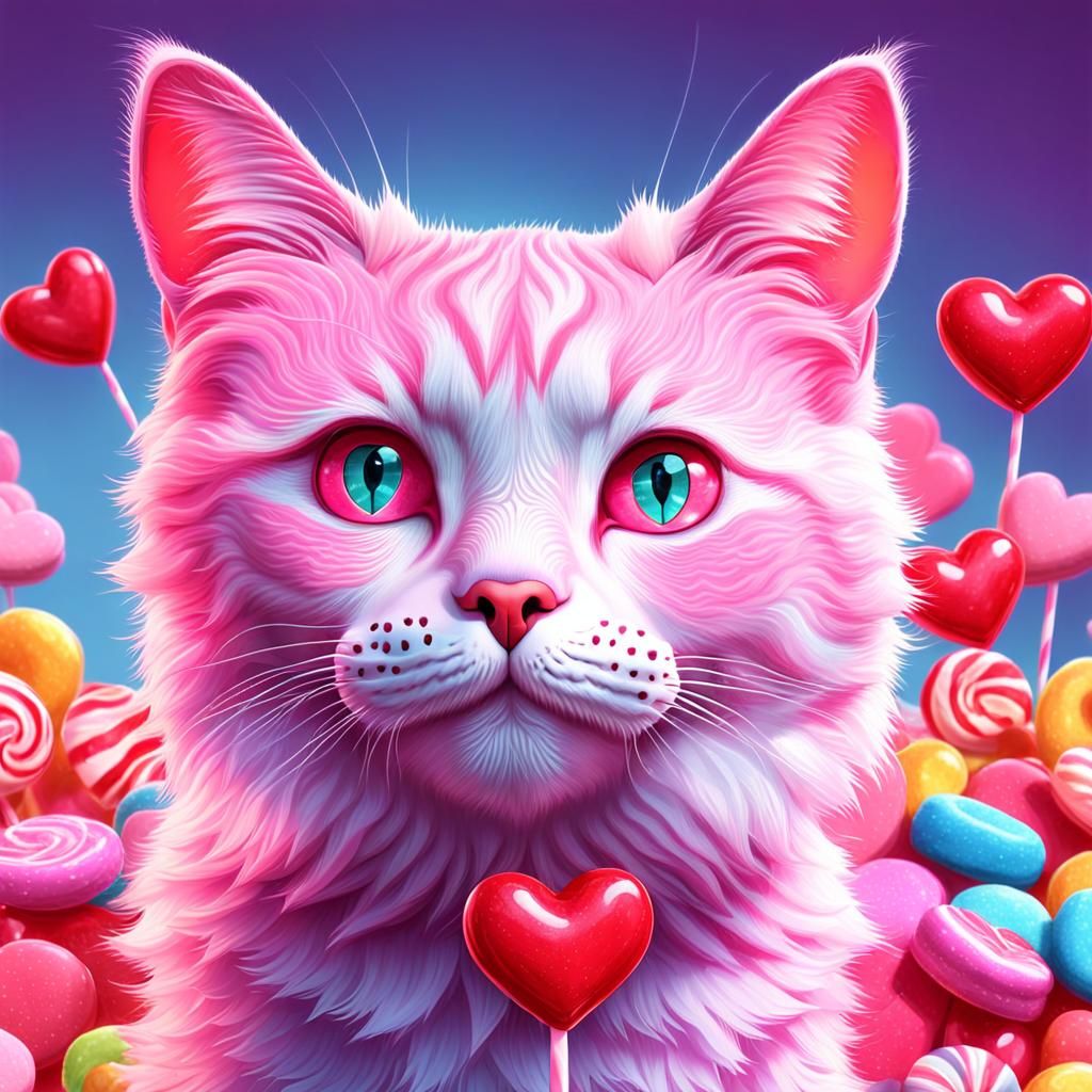 Pink Cat with Heart Eyes in Candy Art Style