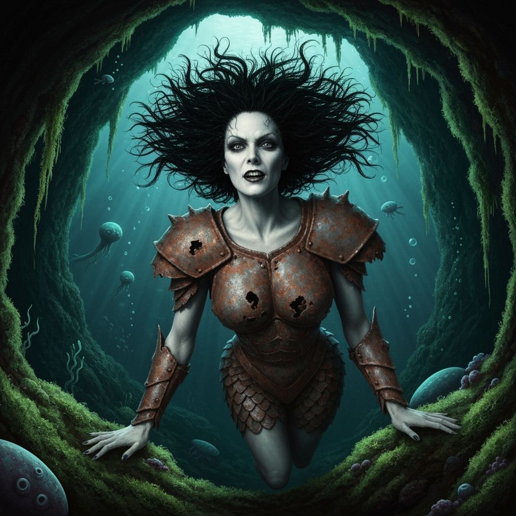 Creepy Cyberpunk Mermaid in Underwater Cave