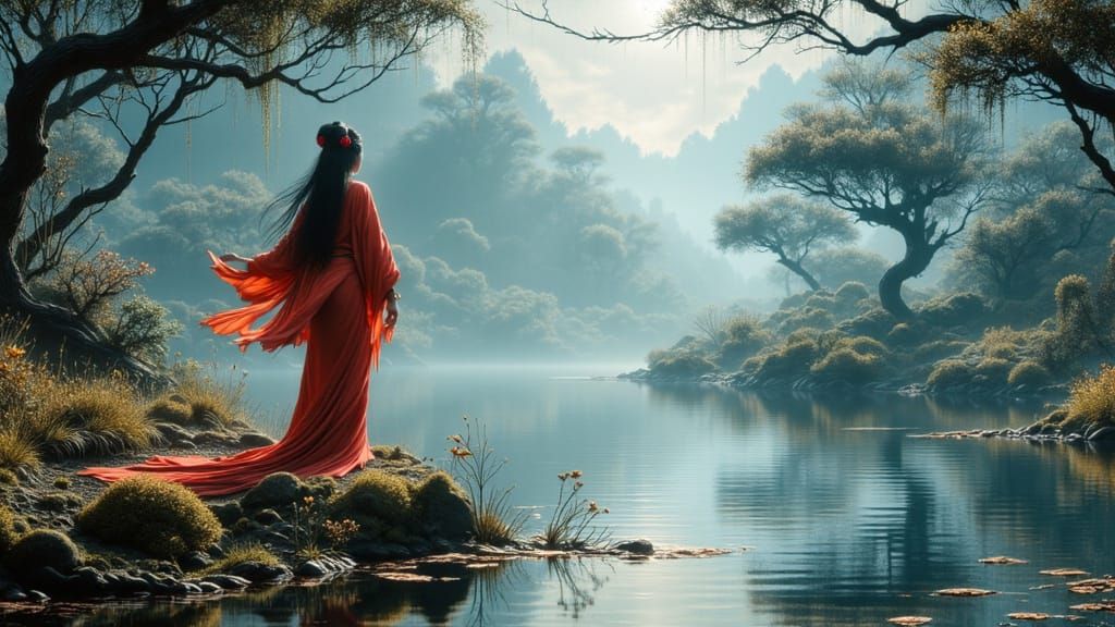 Asian Sorceress in Zen Garden with Dragon