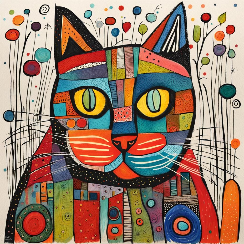Whimsical Hand-Drawn Cat Illustration in Outsider Art Style