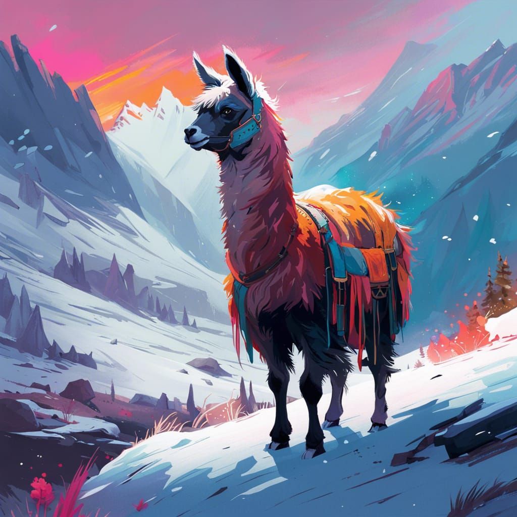 Mythical Llama in Snowy Highlands, Gouache Painting