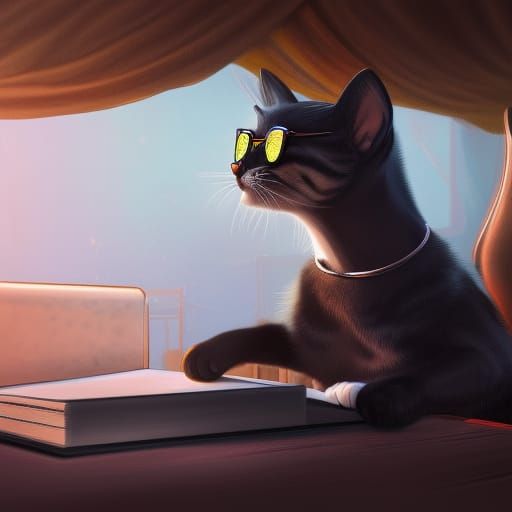 Cat in Tuxedo at Desk: Detailed Matte Painting