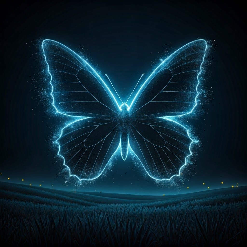 Blue Particle Butterfly Silhouette at Night