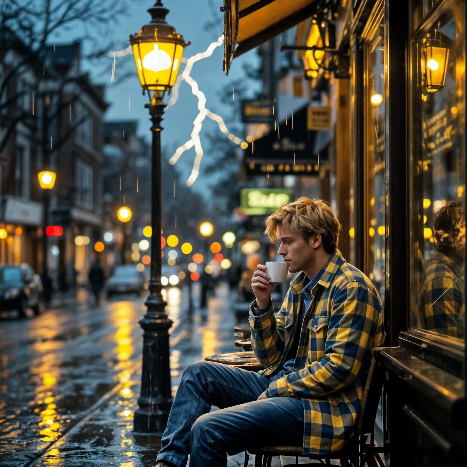 Man in Yellow Glow Sits in Rainy Cafe