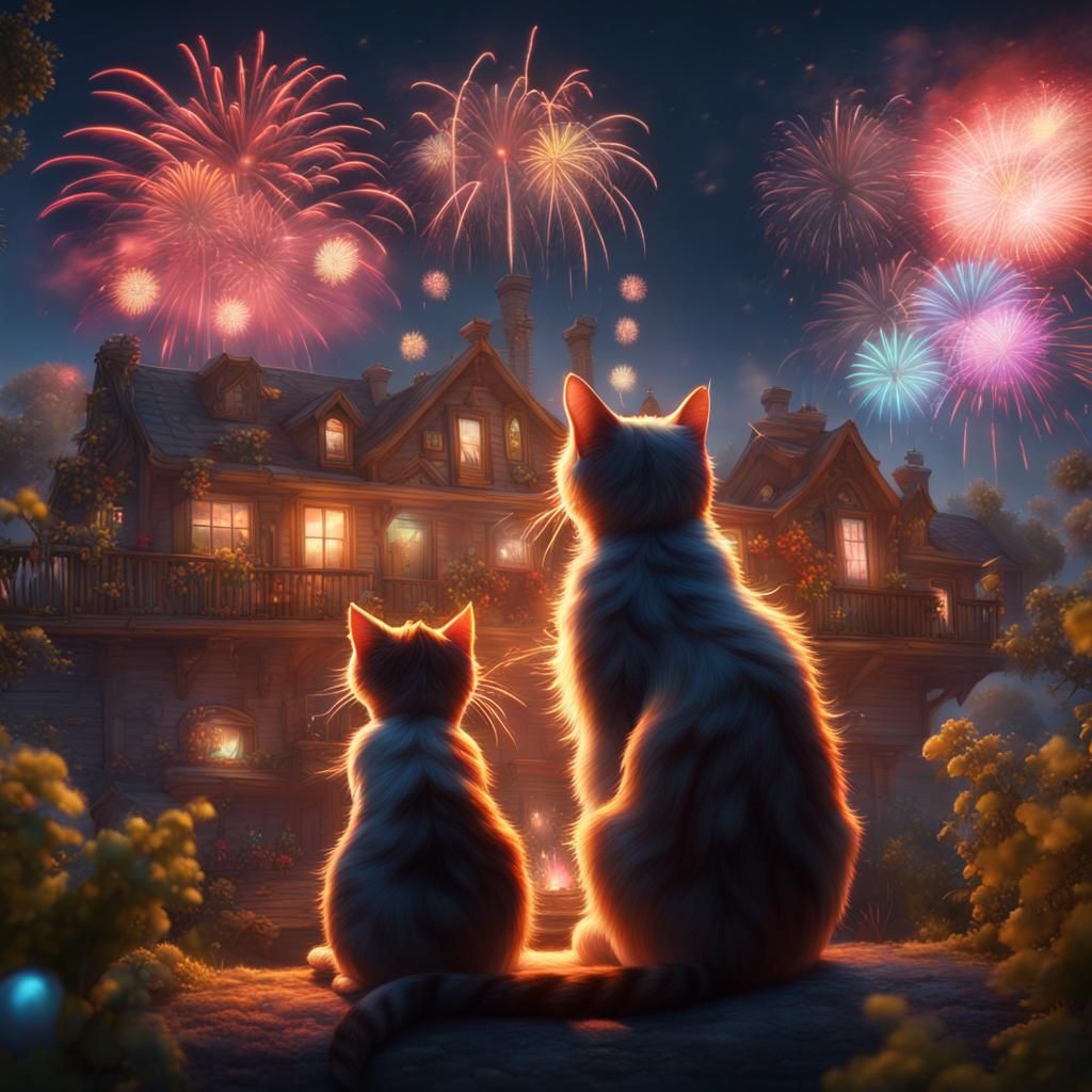 Cats Watching Fireworks: Detailed Matte Painting
