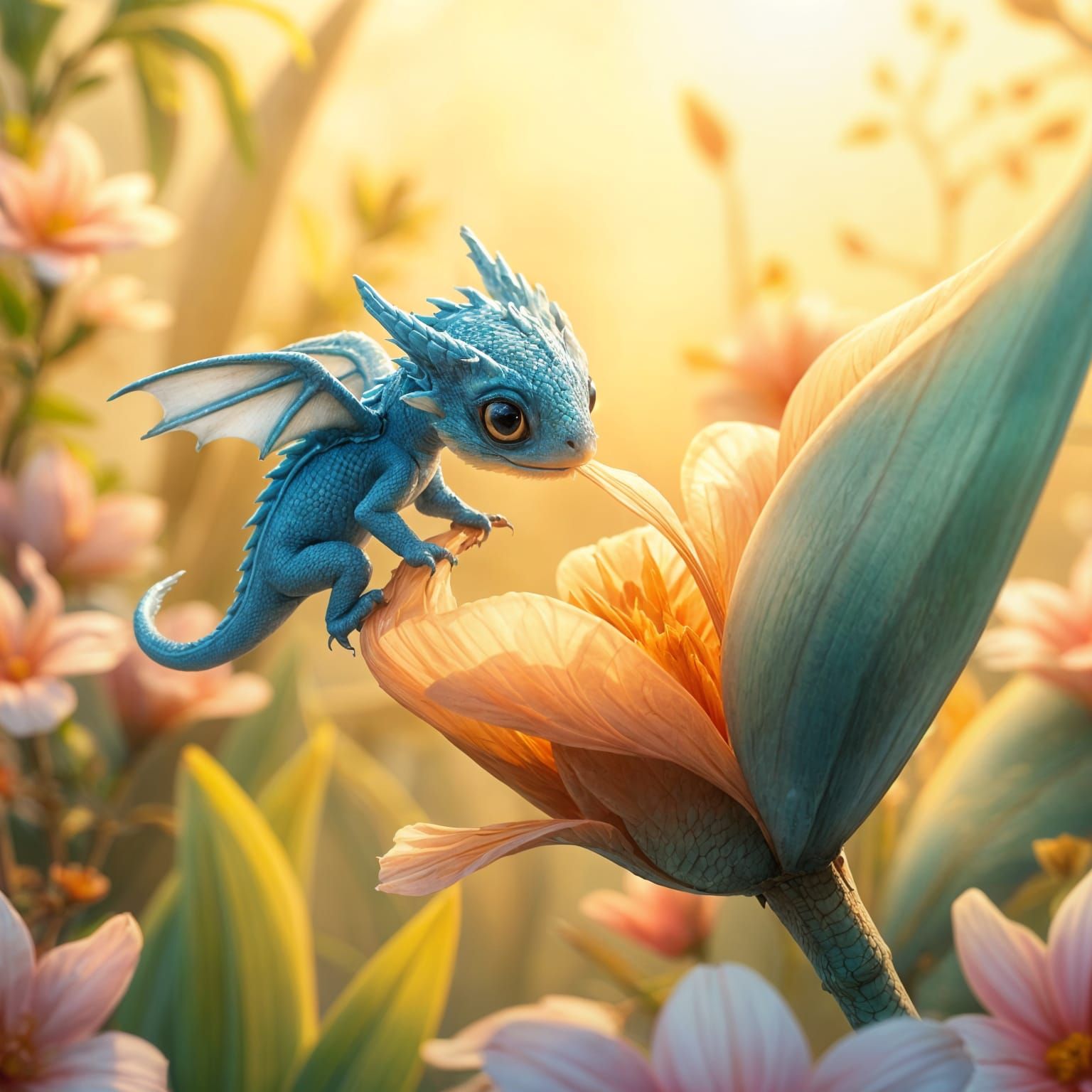 Tiny Blue Dragon Perches on Whimsical Flower in Enchanted Ga...
