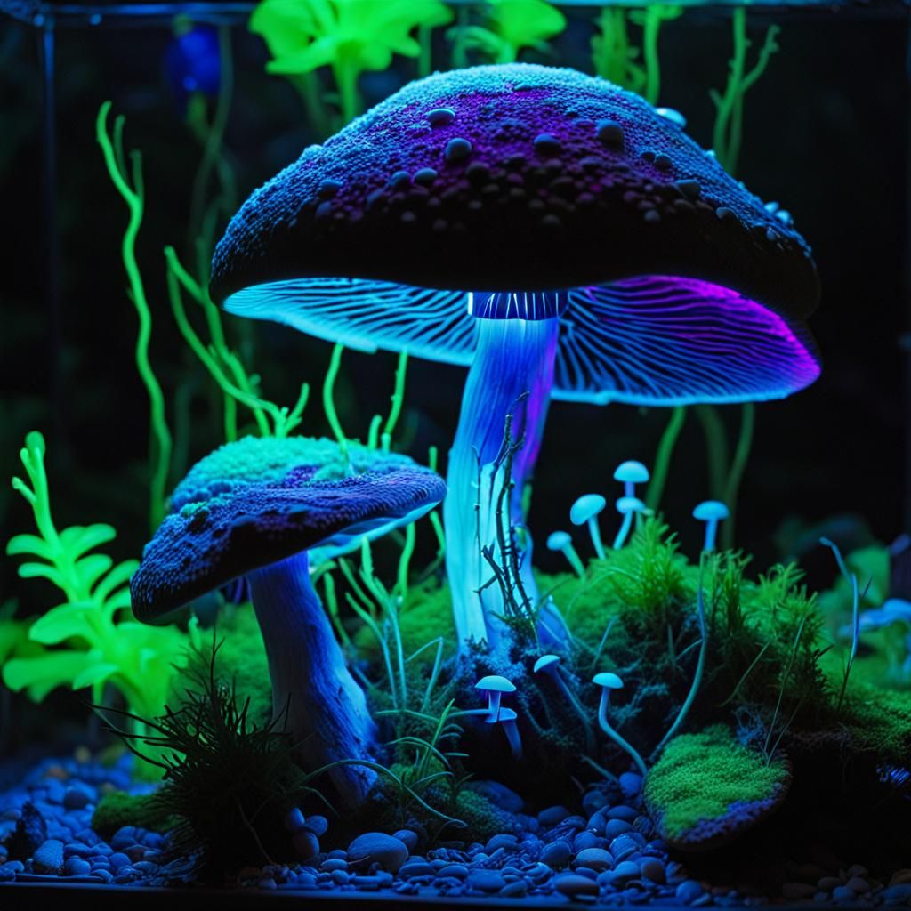 Bioluminescent Mushroom and Moss Bio Art
