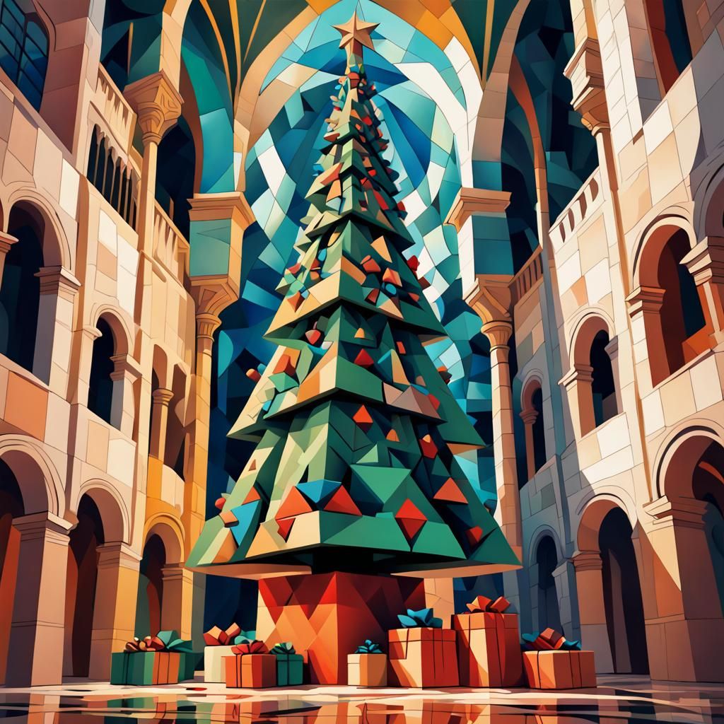 Cubist Christmas Tree Doodle Art Under Seville's Giralda