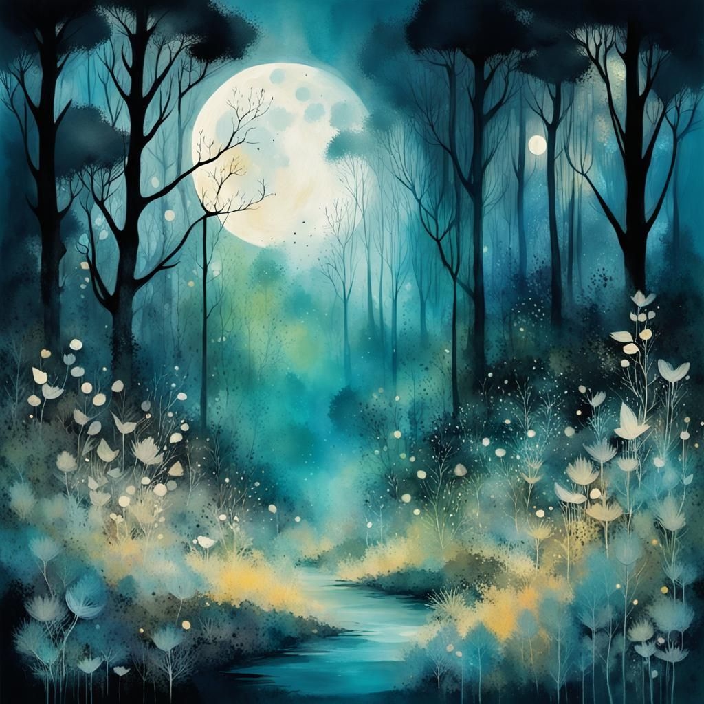 Moonlit Enchanted Forest Clearing in Abstract Realism