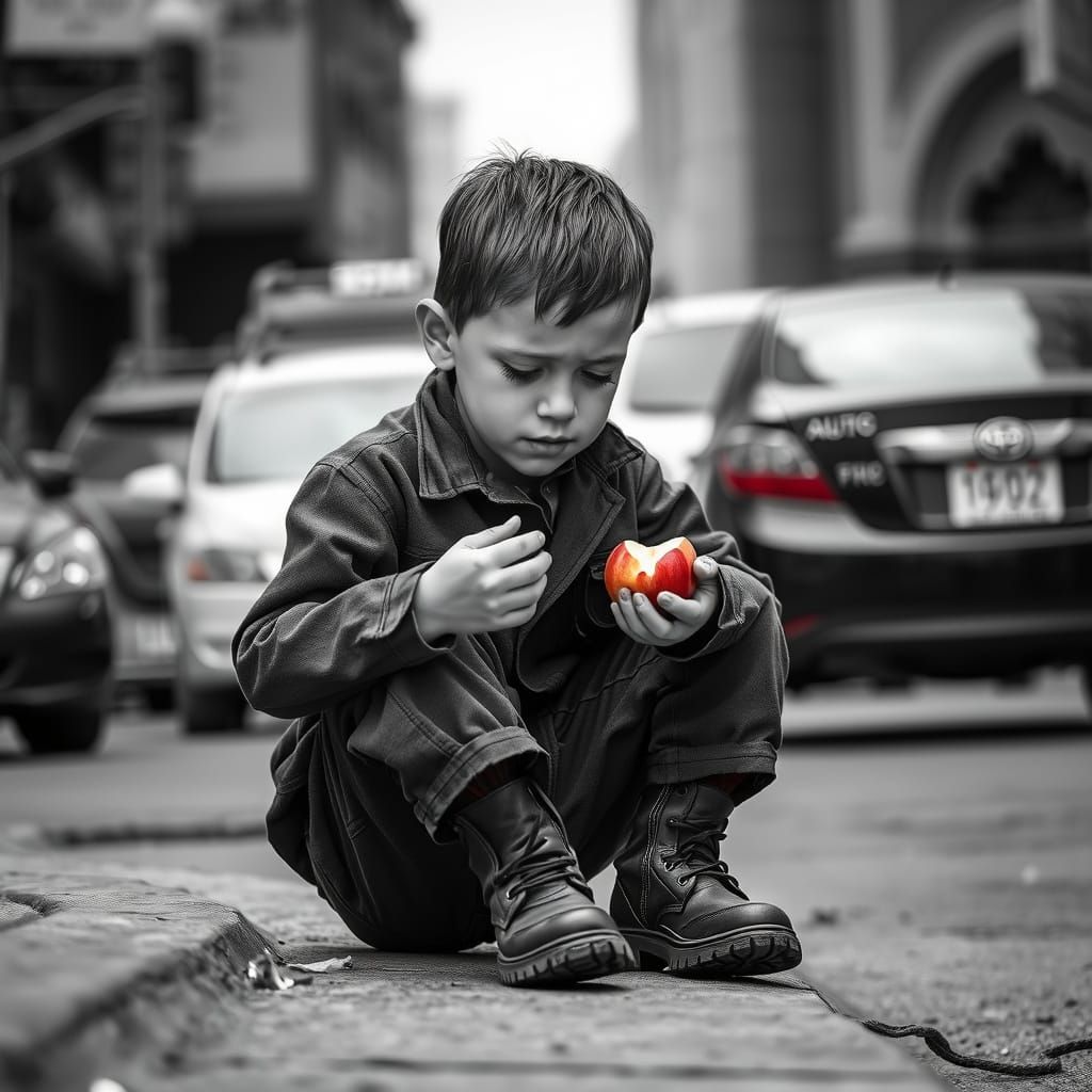 Sad Boy Eating Apple: Grayscale Documentary Photography