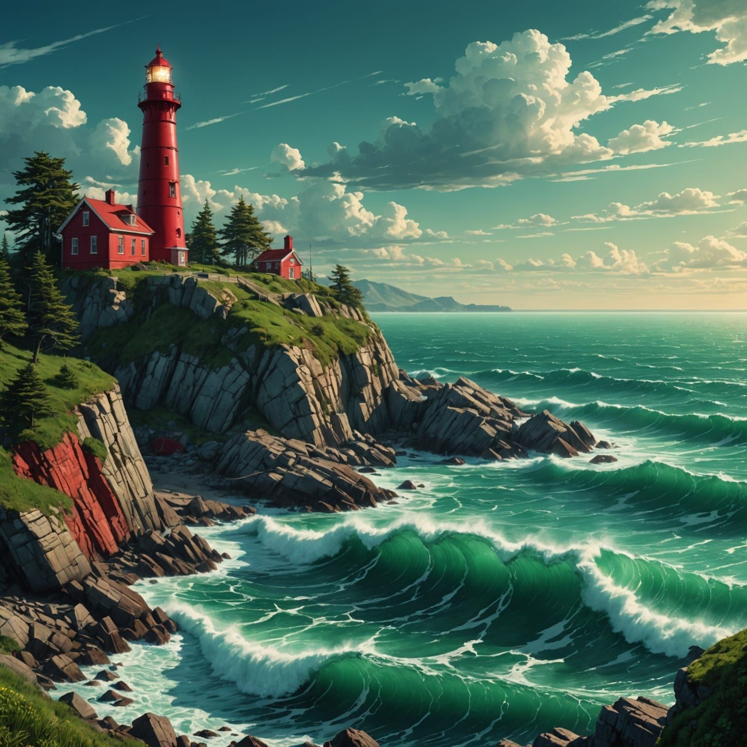 Epic Emerald Ocean Landscape with Dramatic Lighthouse