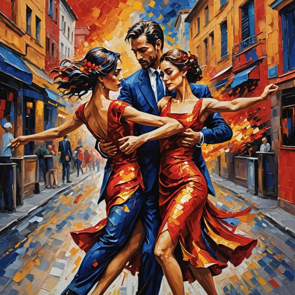 Tango Dancers in Neo-Impressionist Impasto Painting