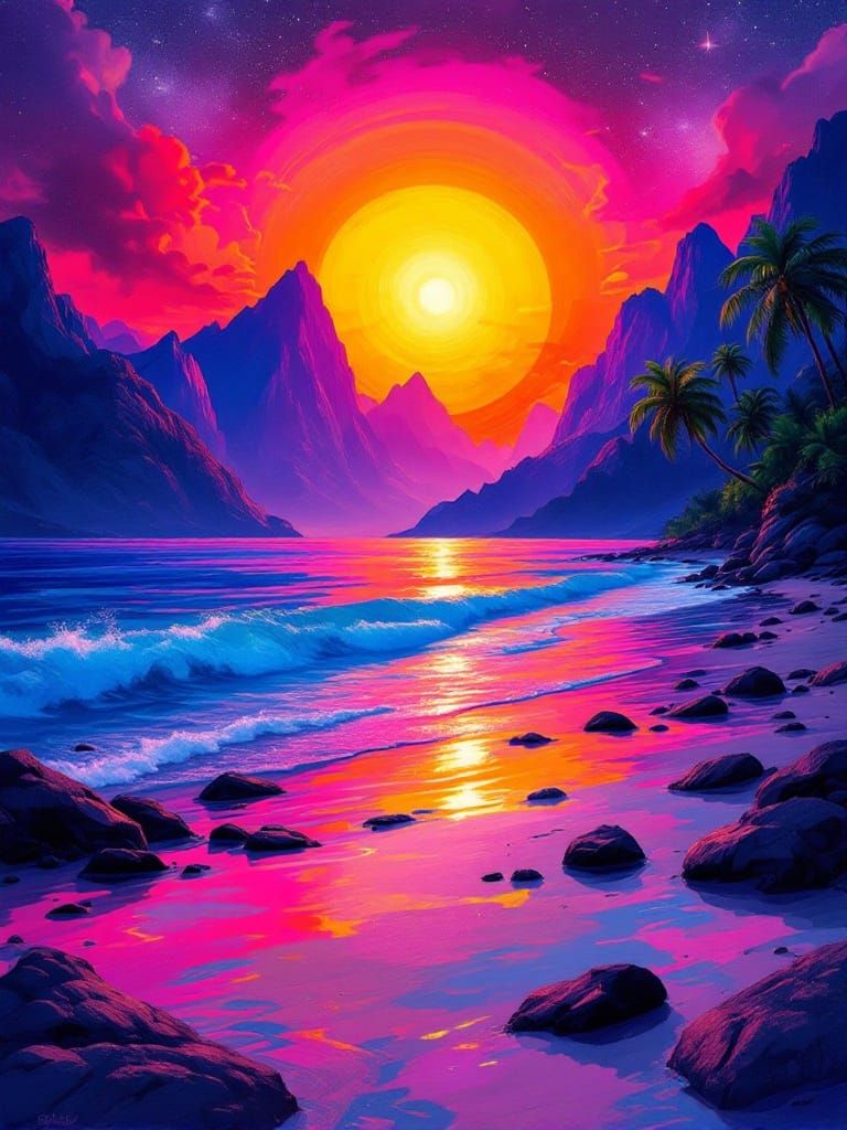 Vibrant Tropical Sundown Beach Scene with Majestic Mountains