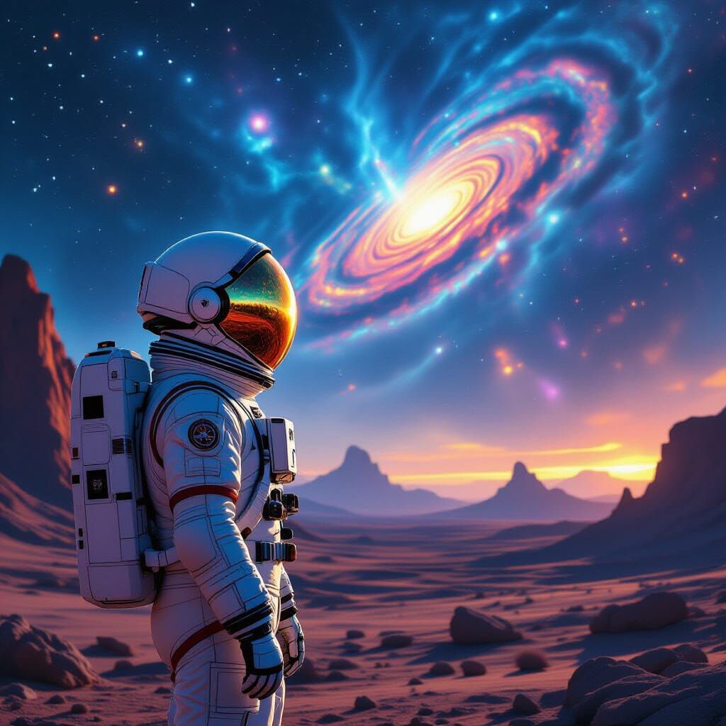 Astronaut Contemplates Cosmic Vista on Alien Planet