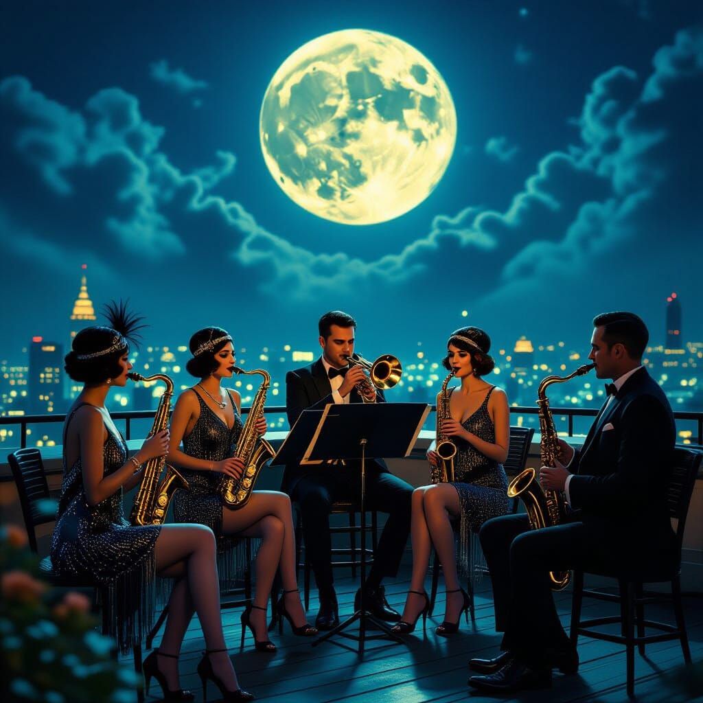 Skeleton Jazz Band on Rooftop Bar, Eerie Glow