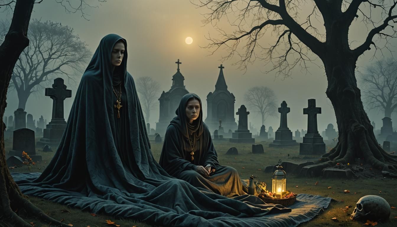 Picnic with Ghost in Cemetery, Dark Surrealism