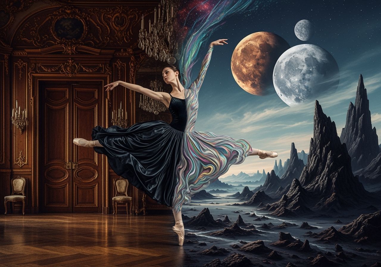 Ballerina Pirouettes Between Victorian Ballroom and Alien Wo...