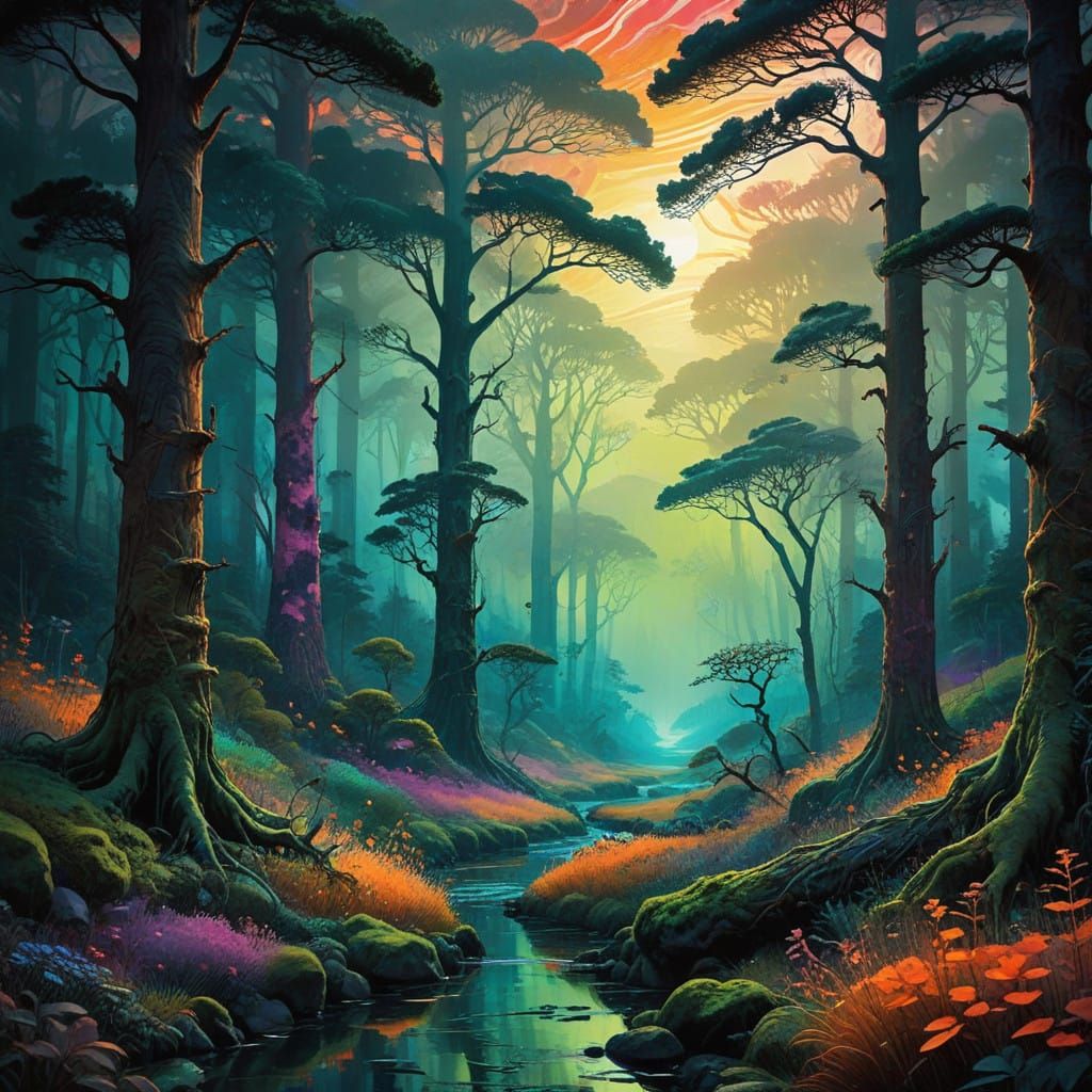 Surreal Sunrise Forest Landscape in Dreamlike Digital Art