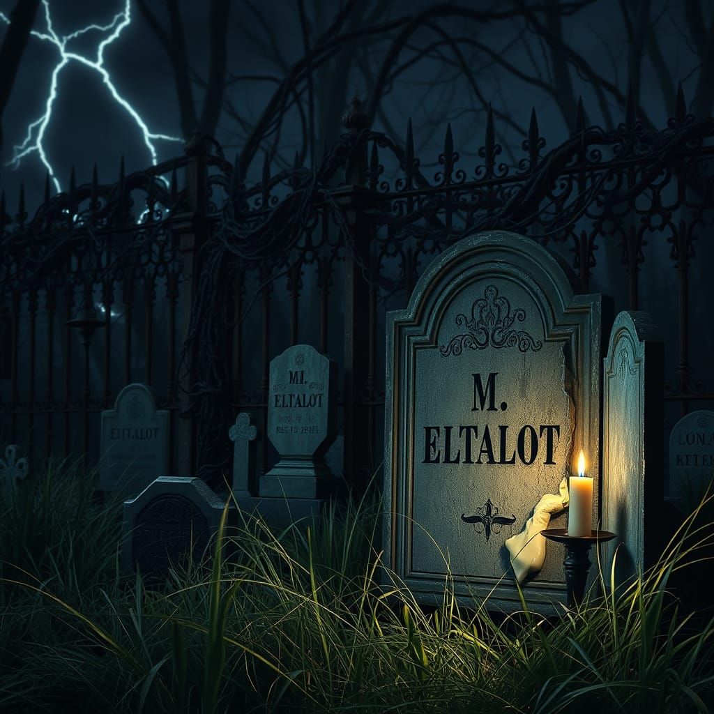 Eerie Cemetery at Night with Candle Lantern