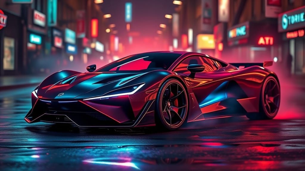 Futuristic Glass Supercar on Smoky City Street