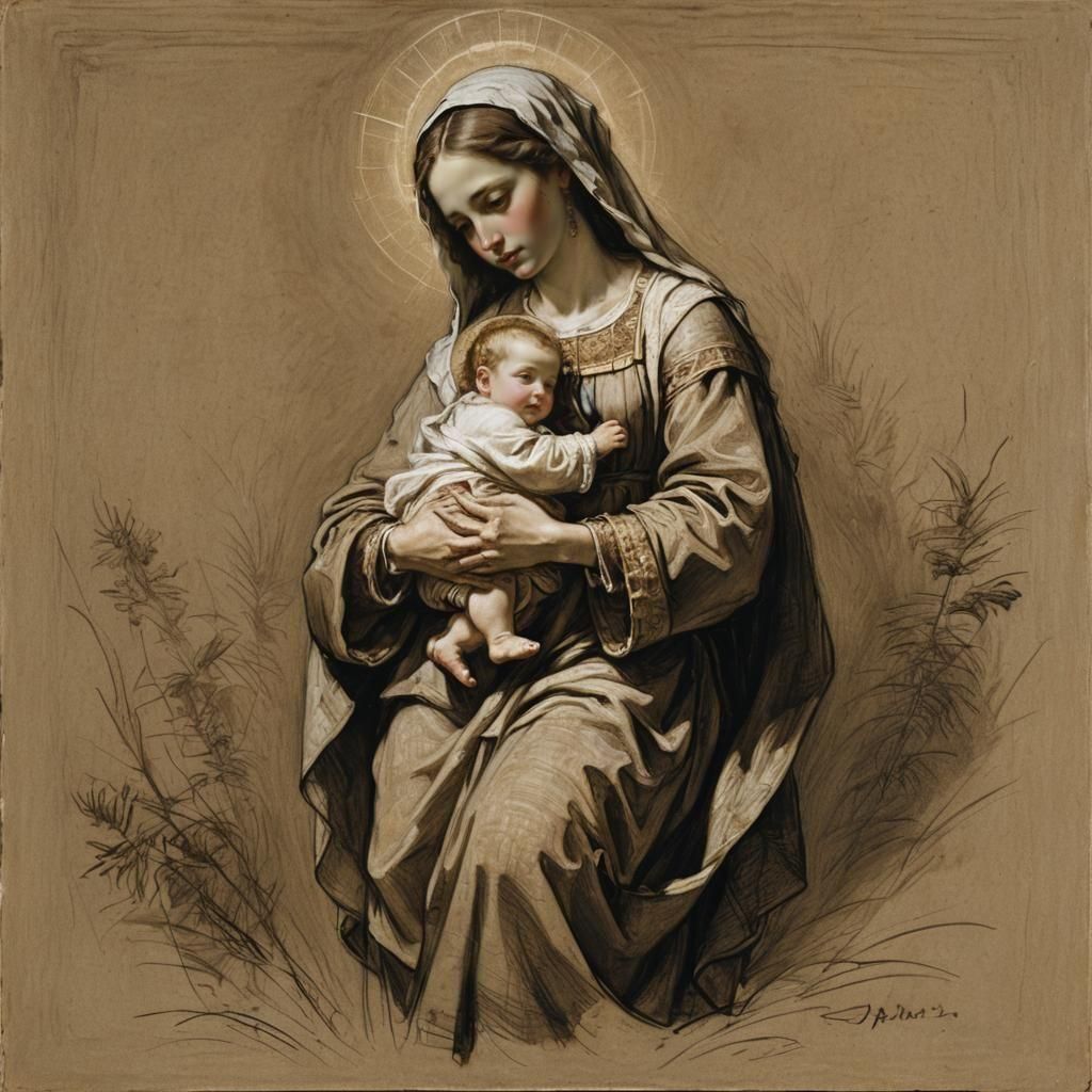 Blessed Virgin Mary and Baby Jesus: Oil Painting