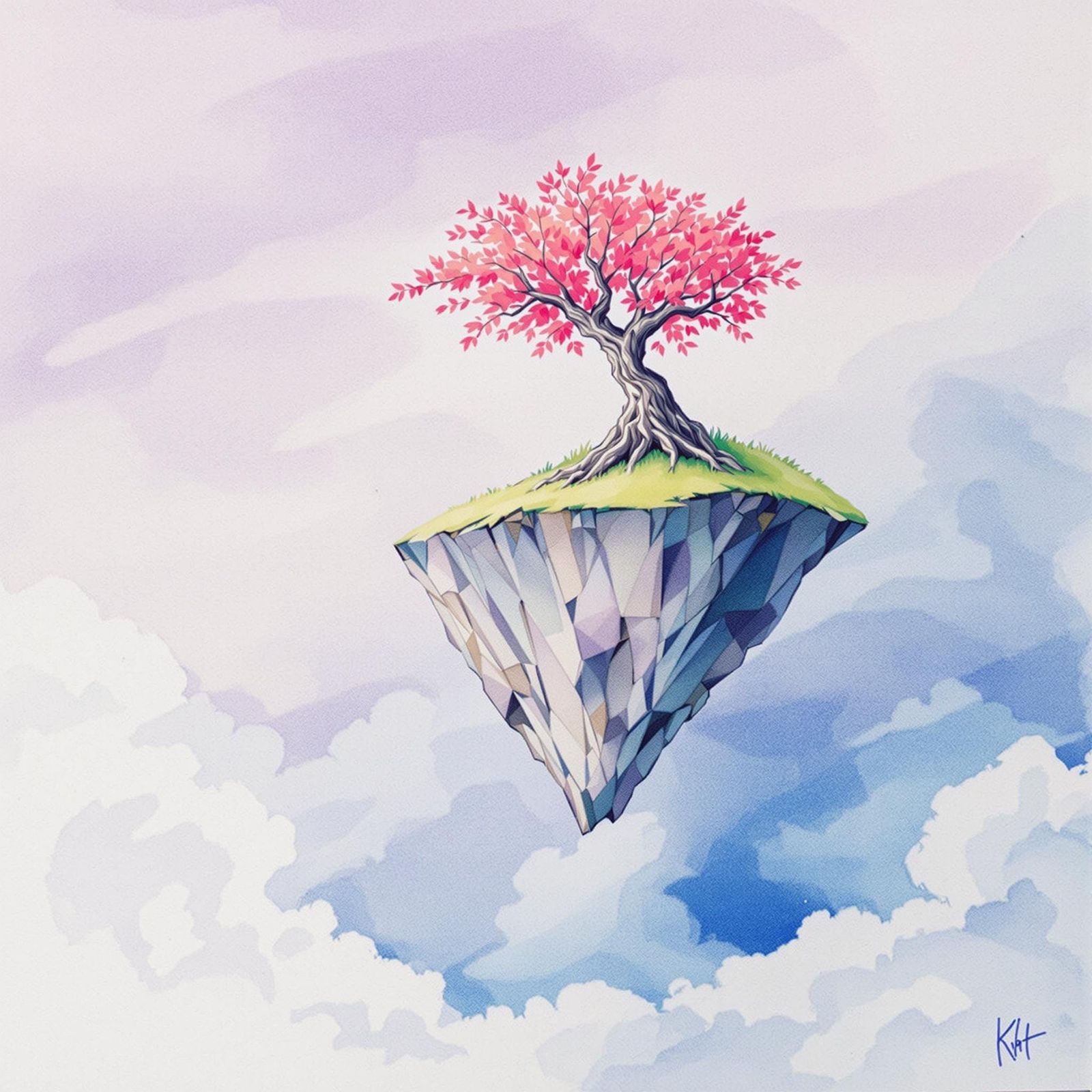 Surreal Watercolor Isle of Illusion with Floating Tree and L...