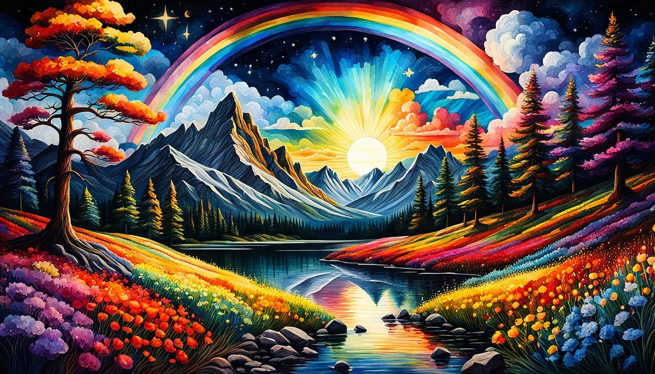 Rainbow Landscape: A Volumetric Masterpiece in Oil and Ink