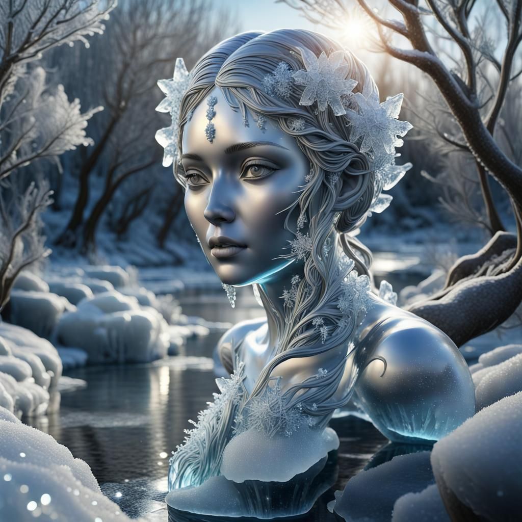 Icy Woman Sculpture on Frozen Path: 3D Render