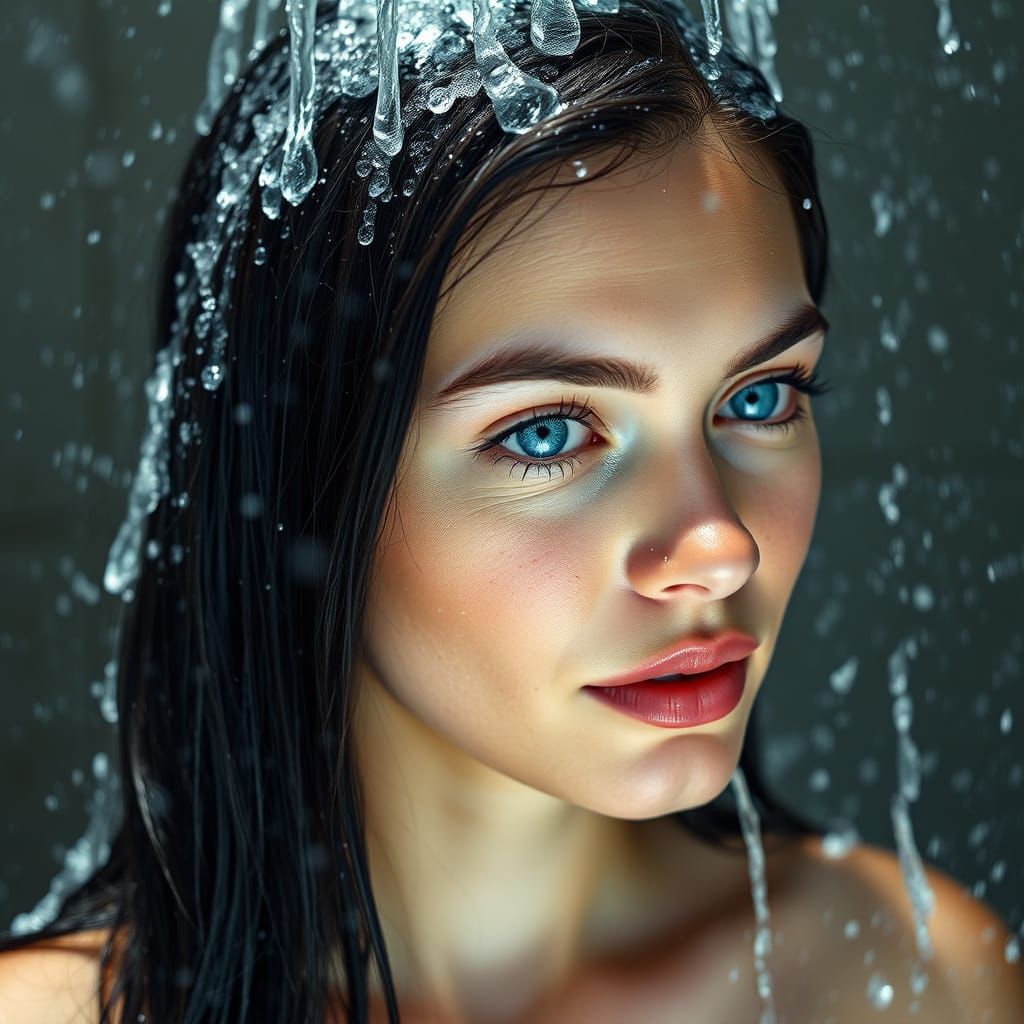 Beautiful Woman Shower Portrait with Wet Hair and Glowing Ey...
