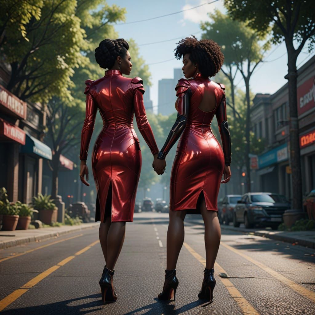 Sultry Ebony Goddesses in Metallic Latex, Kissing on Public ...