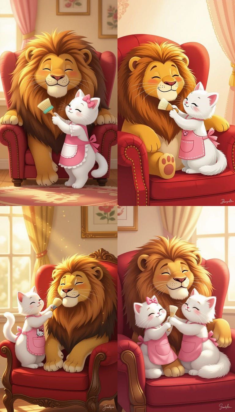 Cute Kitten Brushes Lion's Mane in Red Chair