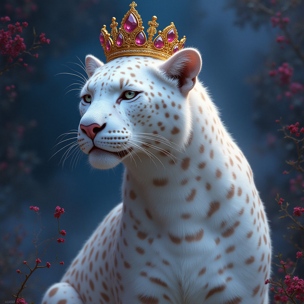 White Leopard with Crown in Matte Painting Style