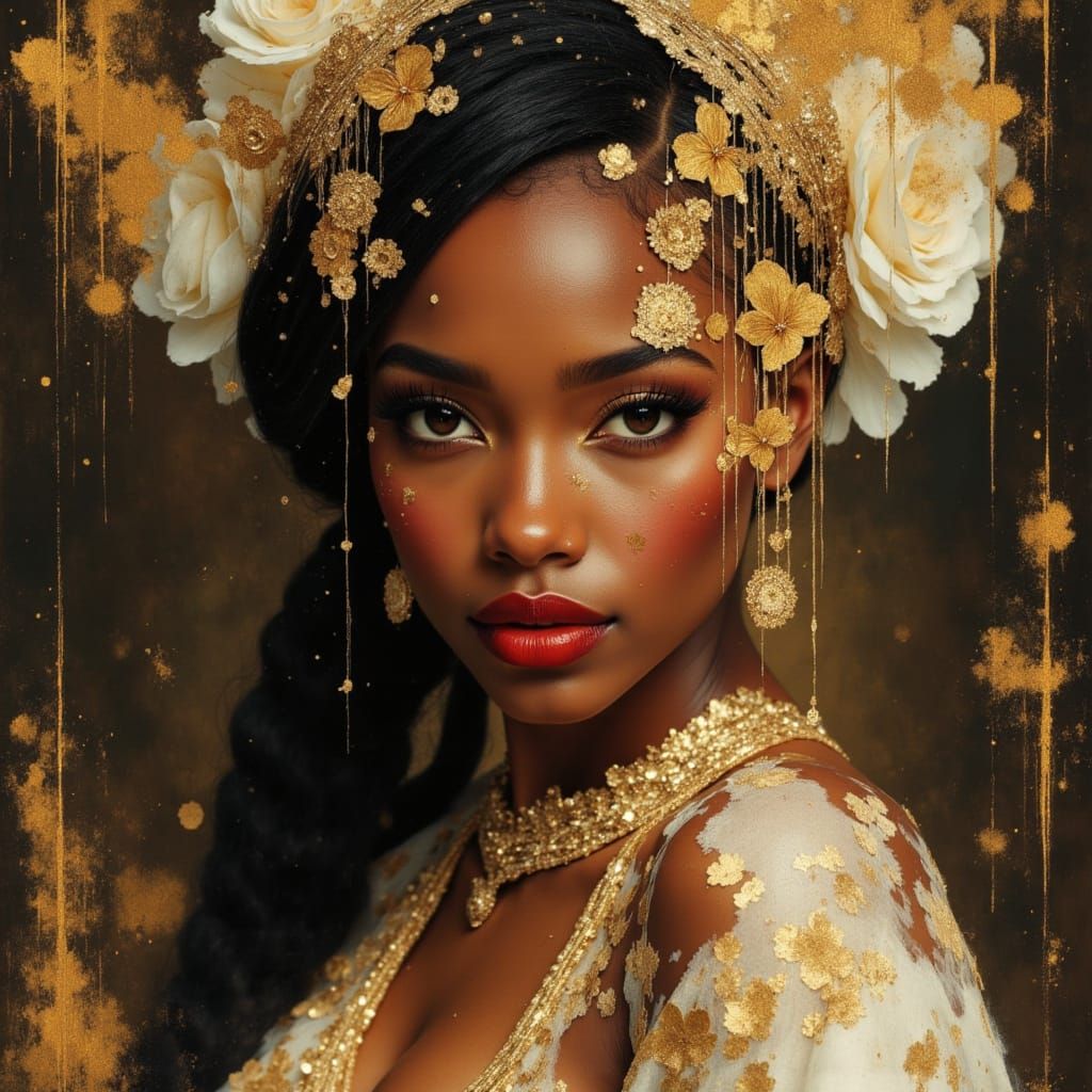 Elegant African Goddess Portrait in Divine Oil Painting Styl...