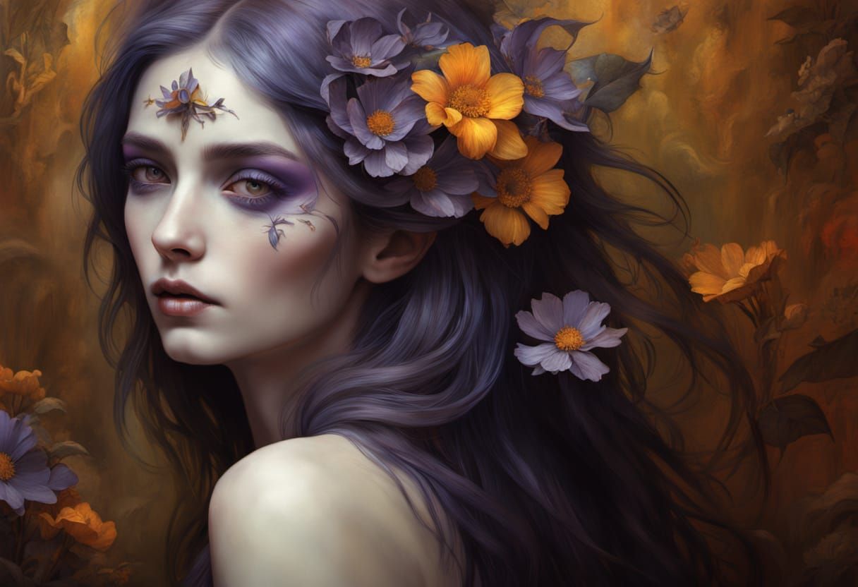 Painted Woman Merges with Floral Wall, Beksiński Style