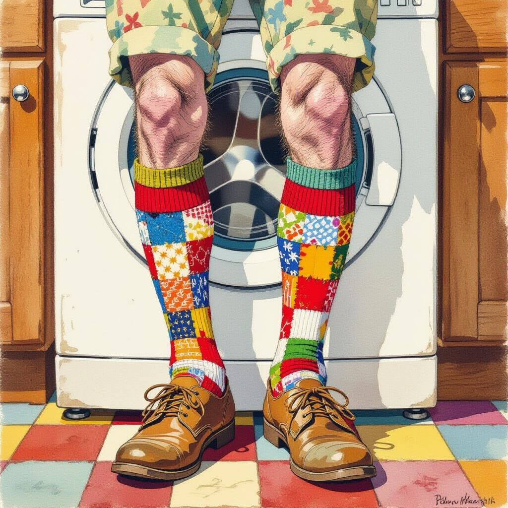 Whimsical Socks on Hairy Legs, in Watercolor Sketch Style