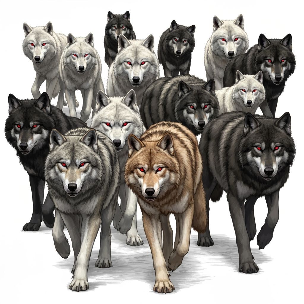 A Pack of Wolves With Red Eyes Approaches in the Dark