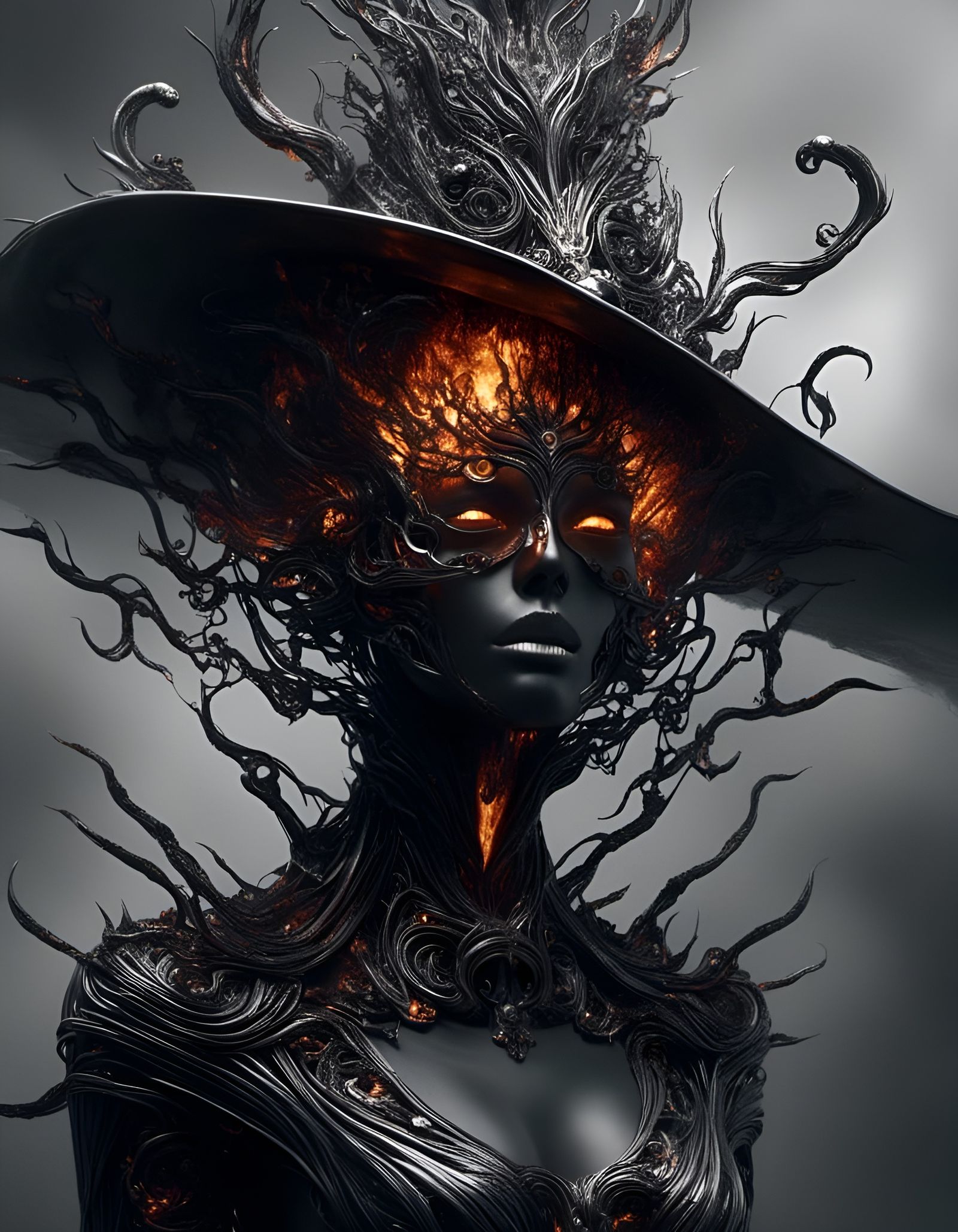 Obsidian Fire Sorceress in Surreal Horror Style