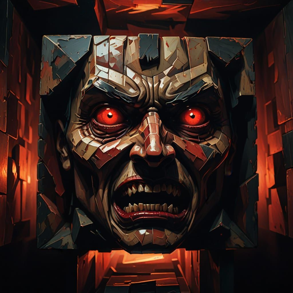 Cube Faced Horror Roars in Dark Room