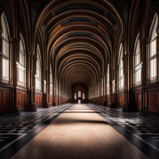 Figures in Hall: Hyperrealistic Cinematic Composition