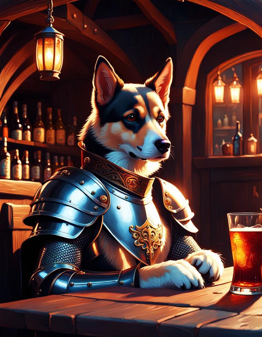 Anthropomorphic Knight Dog in Medieval Tavern, Anime Style