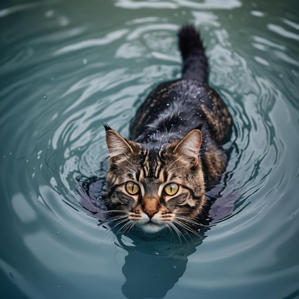 Hyperrealistic Cat Swimming in a Pool