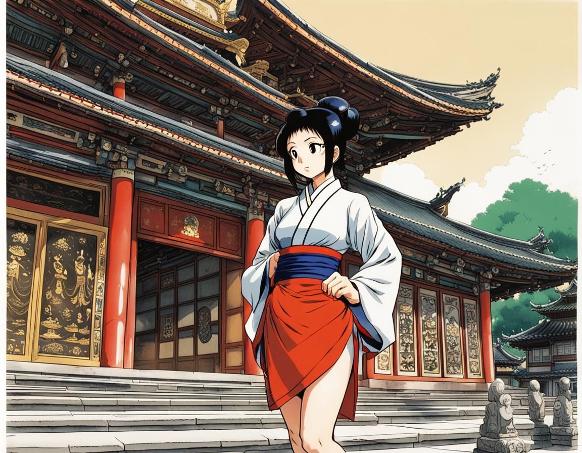 Anime Girl in Qipao at Buddhist Temple
