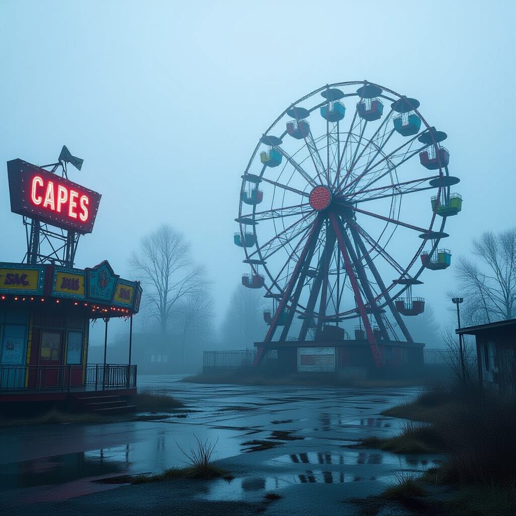Eerie Abandoned Carnival with Moody Neon Lighting