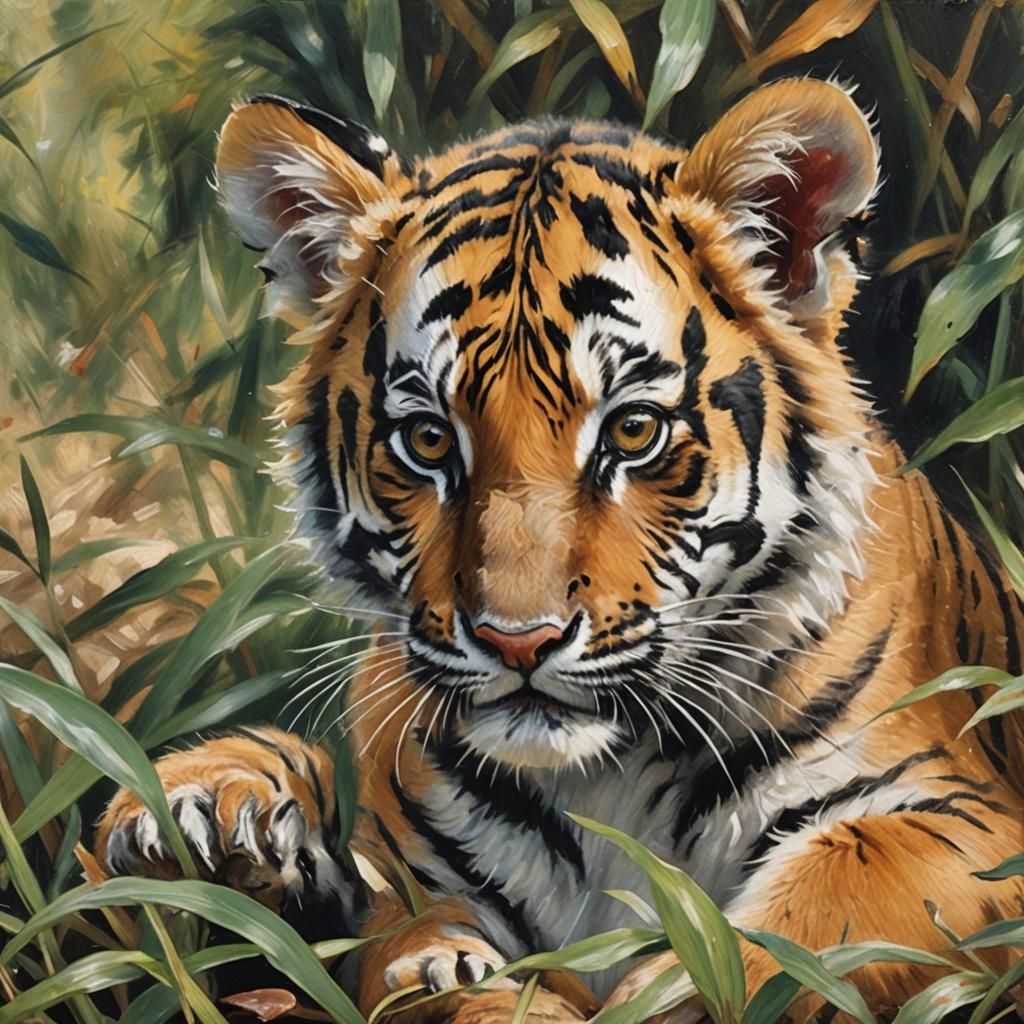 Tiger Cub in Nature as Impressionist Oil Painting